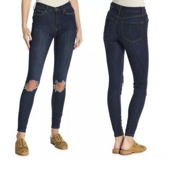 FREE PEOPLE Jeans Busted Knee Stretch Dark Blue Wash Skinny Ankle Crop sz 31 - Picture 2 of 11